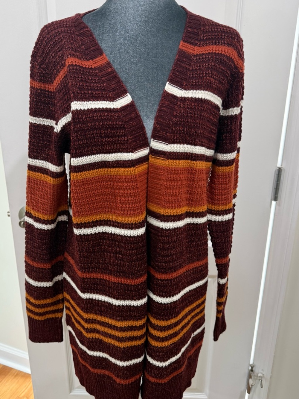 Chic Striped Burgundy and Orange Cardigan